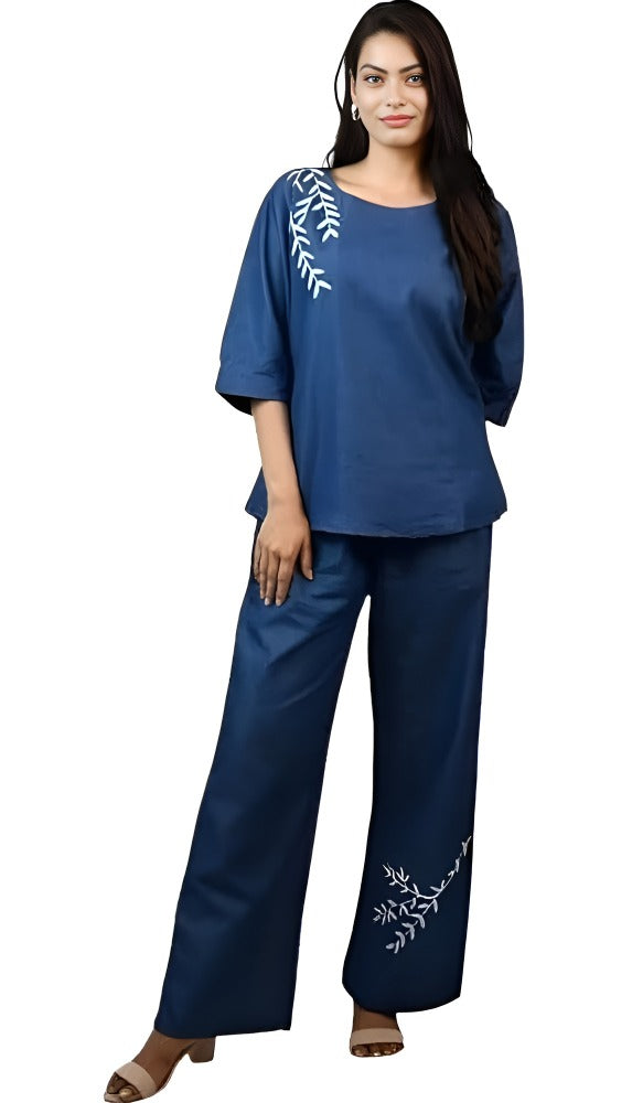 Trendy Women's Denim Co-ord Set with Puff Sleeves & Embroidered Wide-Leg Pants Casual