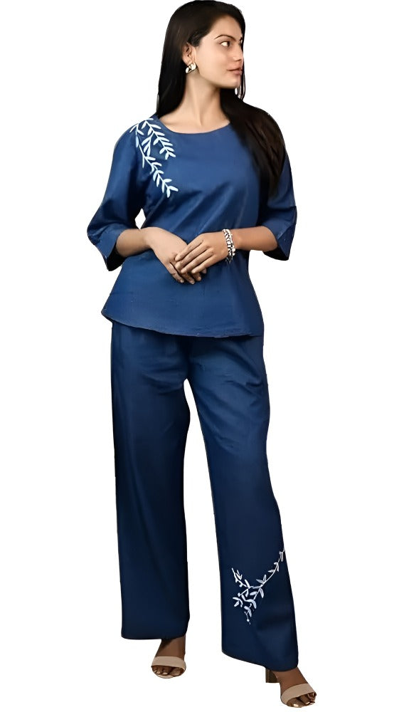 Trendy Women's Denim Co-ord Set with Puff Sleeves & Embroidered Wide-Leg Pants Casual