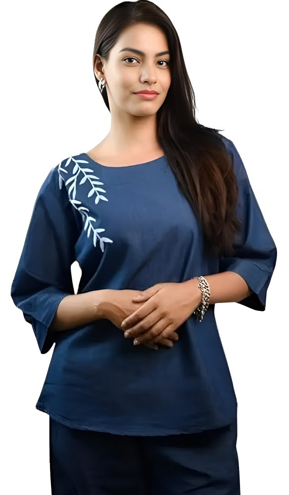 Trendy Women's Denim Co-ord Set with Puff Sleeves & Embroidered Wide-Leg Pants Casual