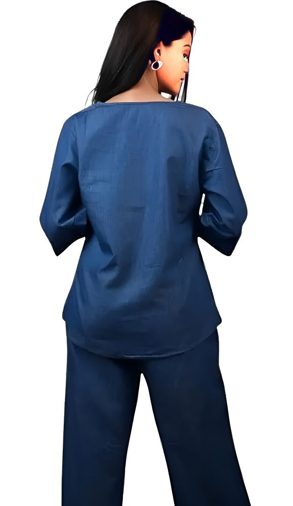 Trendy Women's Denim Co-ord Set with Puff Sleeves & Embroidered Wide-Leg Pants Casual