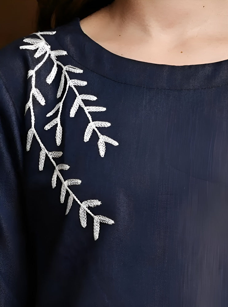 Trendy Women's Denim Co-ord Set with Puff Sleeves & Embroidered Wide-Leg Pants Casual