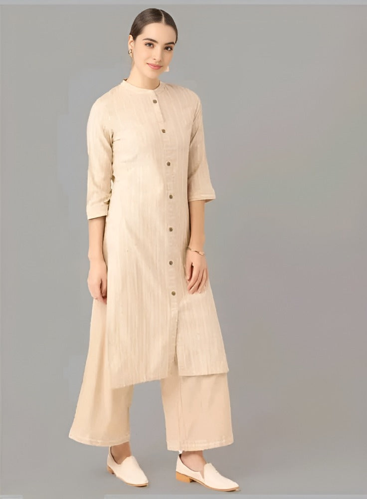 Women Beige Cotton Striped Kurta With Palazzos