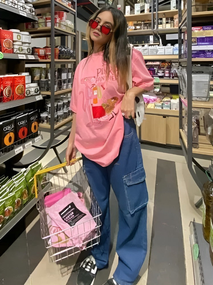 Oversized, Printed, Long, Pink, Baggy T-shirts for Women