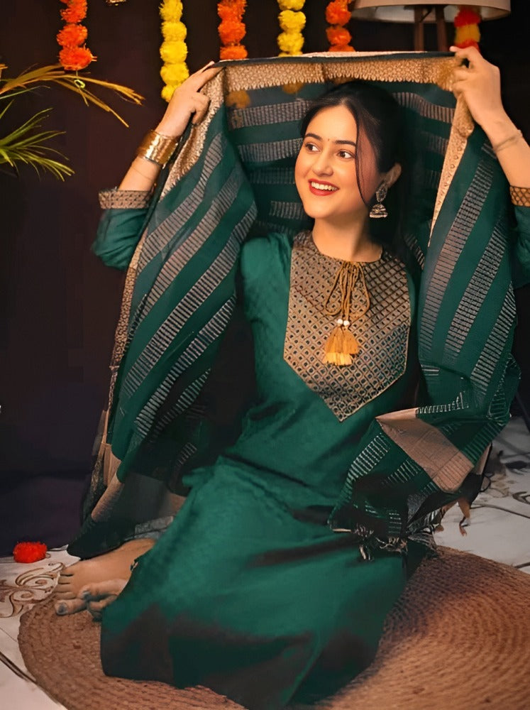 Cotton Embroidered Kurti Pant Dupatta Set for Women