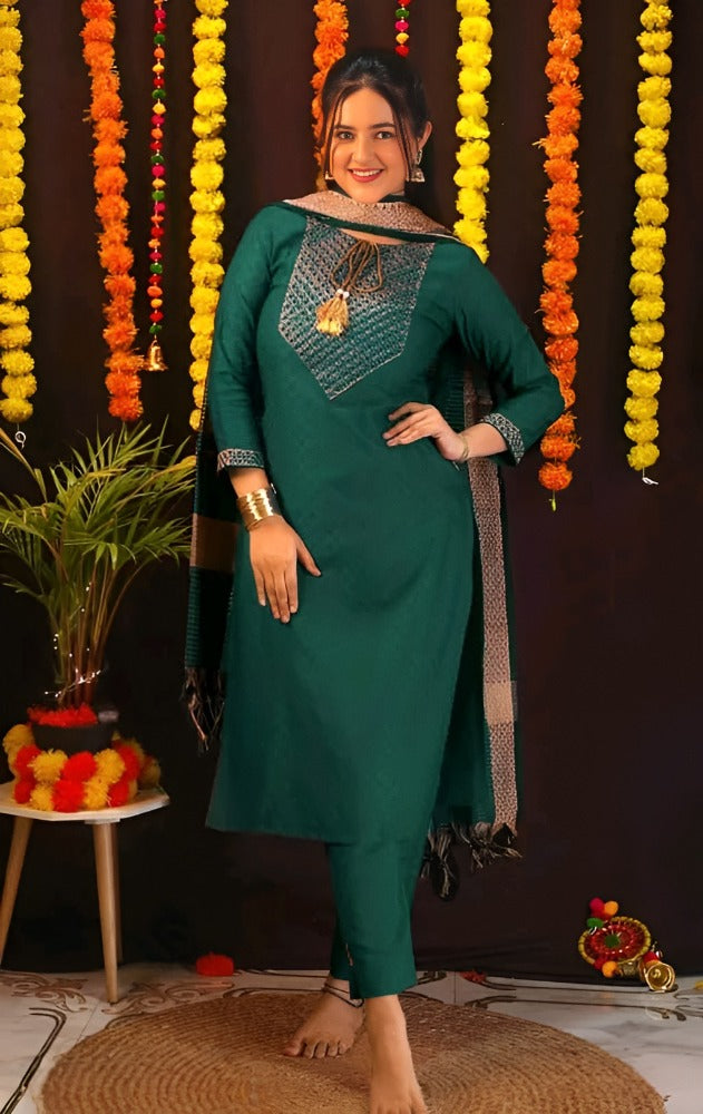 Cotton Embroidered Kurti Pant Dupatta Set for Women