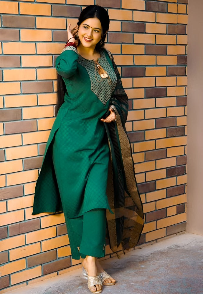 Cotton Embroidered Kurti Pant Dupatta Set for Women