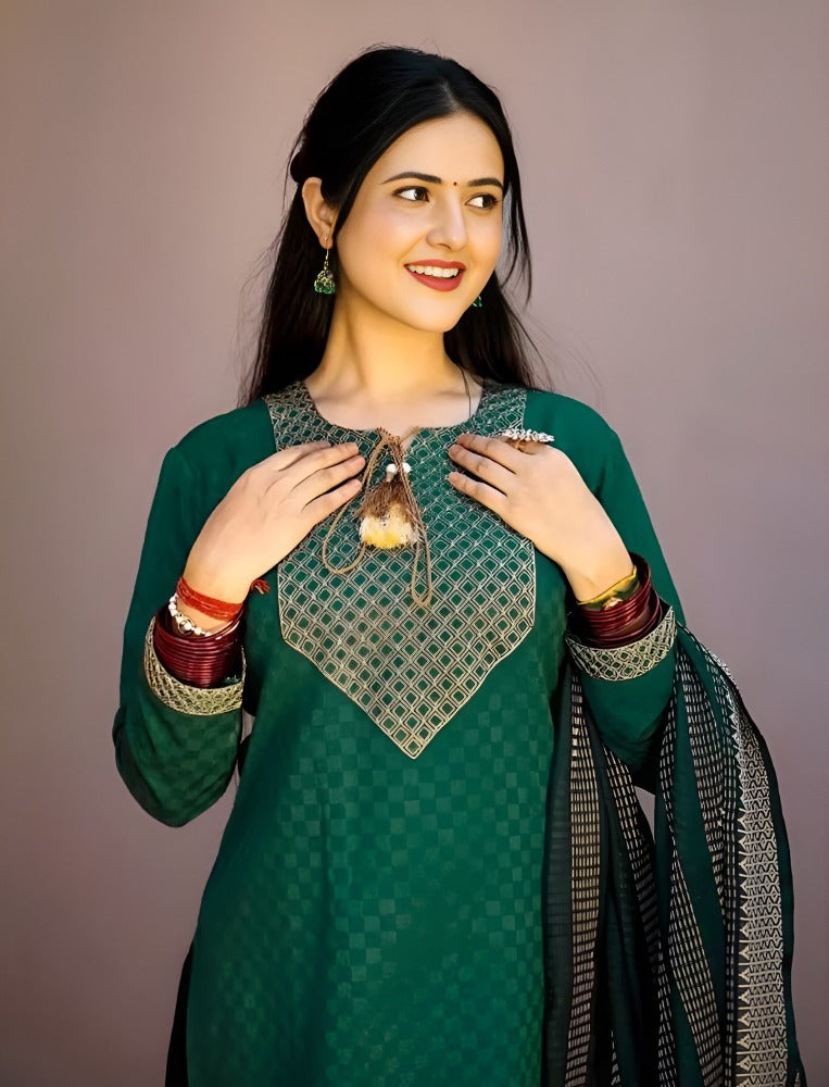 Cotton Embroidered Kurti Pant Dupatta Set for Women