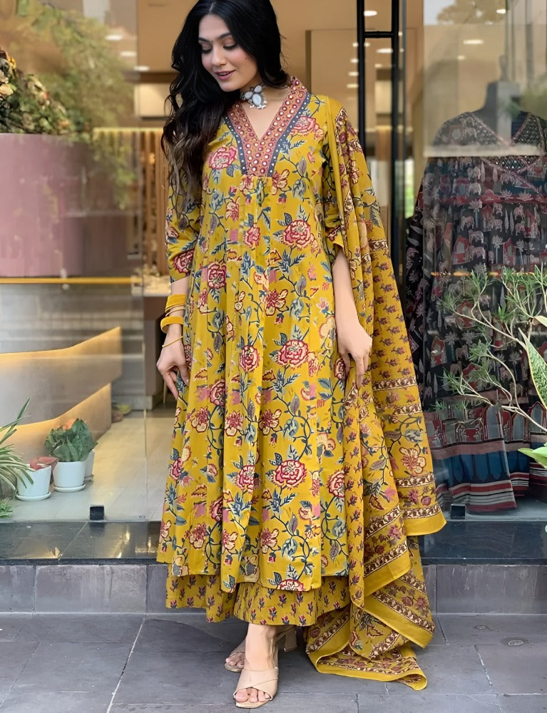 Women's Rayon Viscose Anarkali Printed Kurta with Palazzo & Dupatta