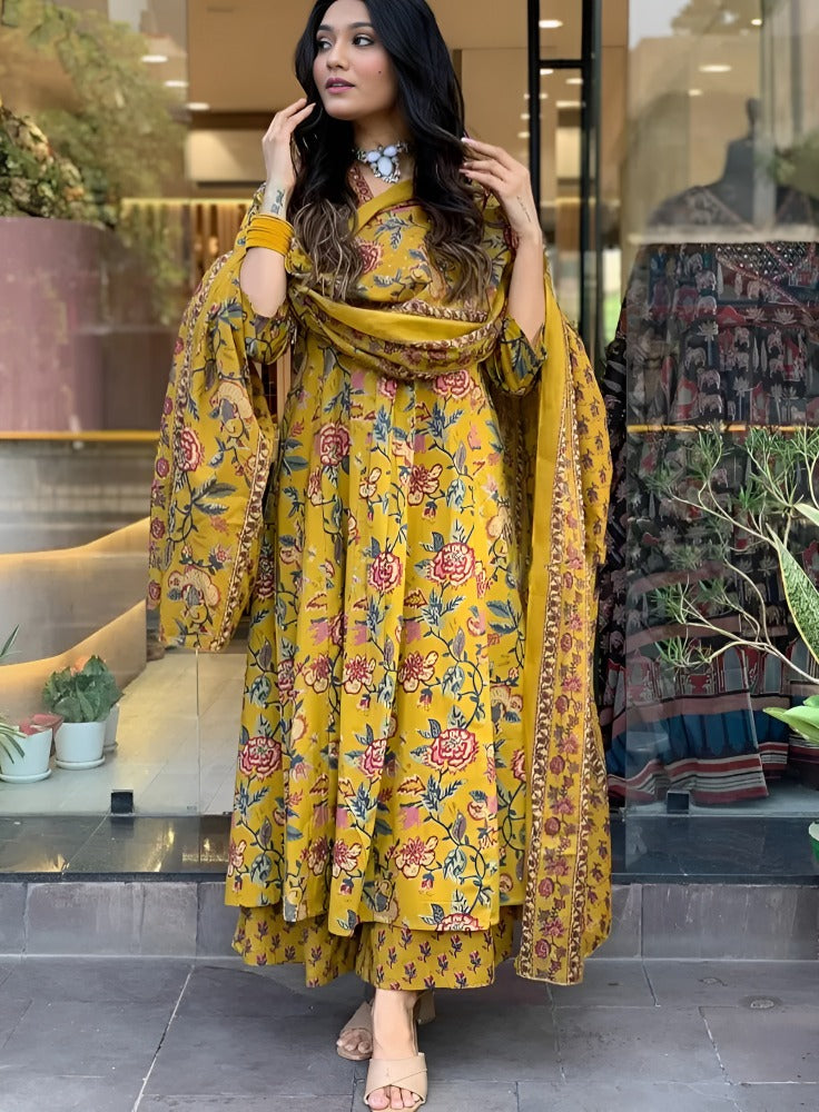 Women's Rayon Viscose Anarkali Printed Kurta with Palazzo & Dupatta