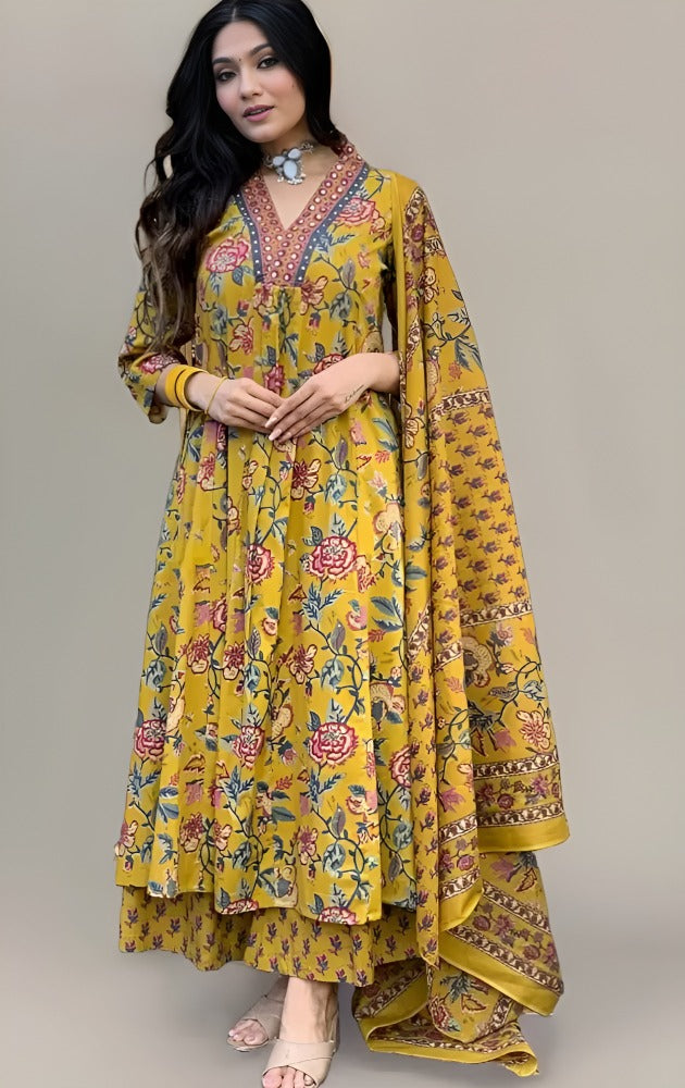 Women's Rayon Viscose Anarkali Printed Kurta with Palazzo & Dupatta