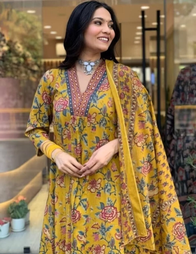 Women's Rayon Viscose Anarkali Printed Kurta with Palazzo & Dupatta
