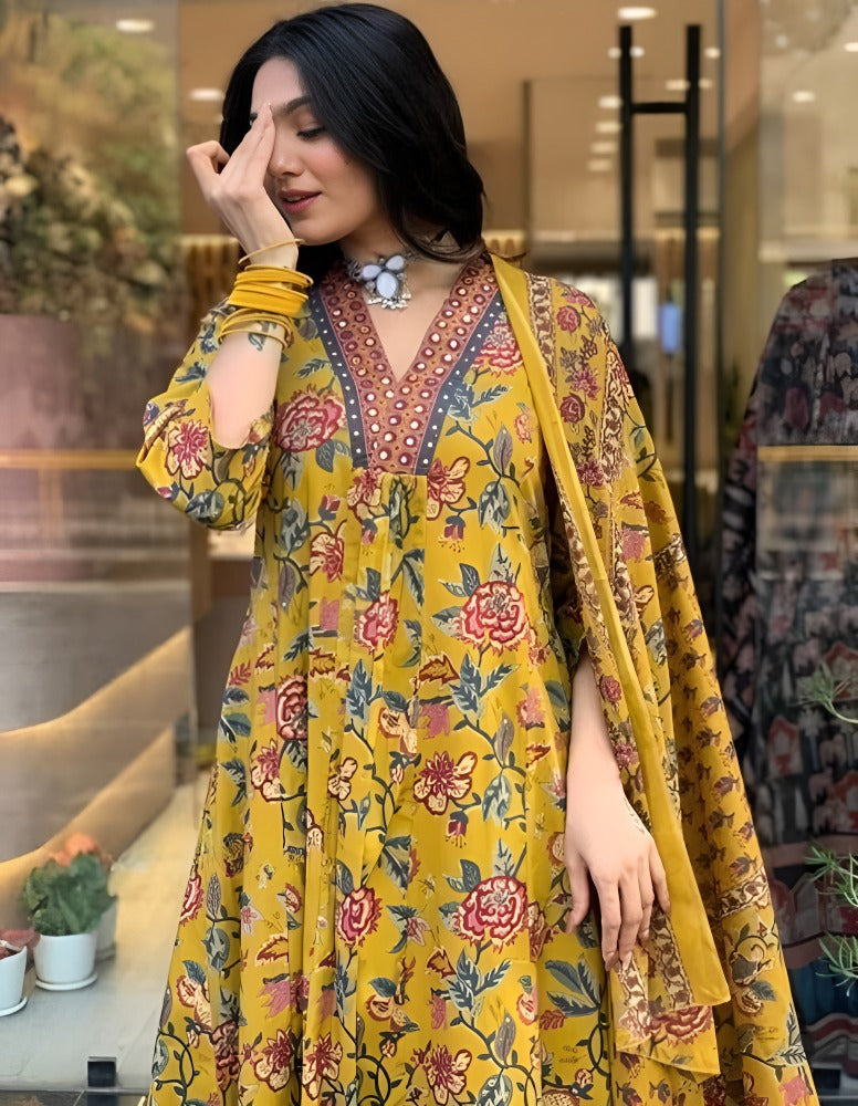 Women's Rayon Viscose Anarkali Printed Kurta with Palazzo & Dupatta