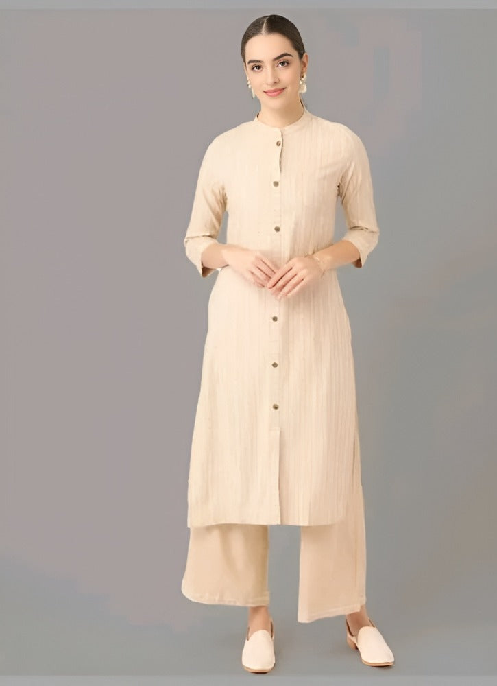 Women Beige Cotton Striped Kurta With Palazzos