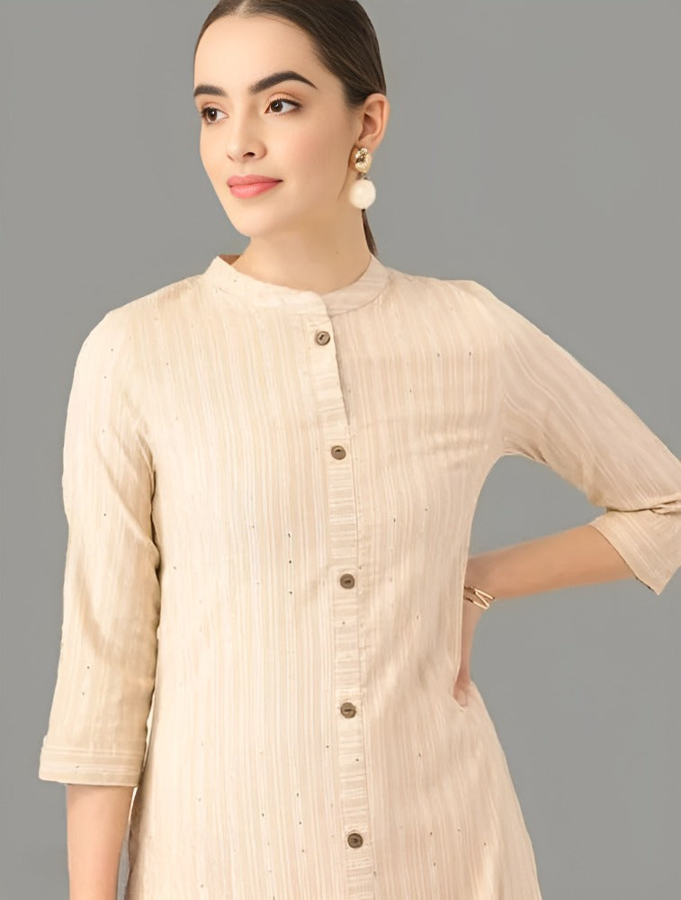 Women Beige Cotton Striped Kurta With Palazzos
