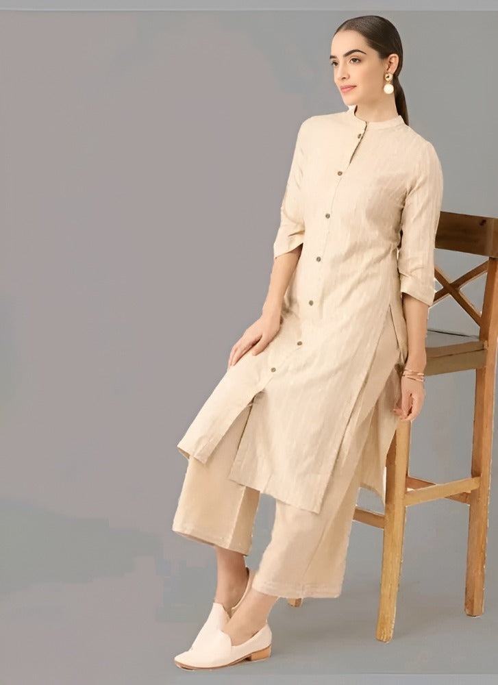 Women Beige Cotton Striped Kurta With Palazzos