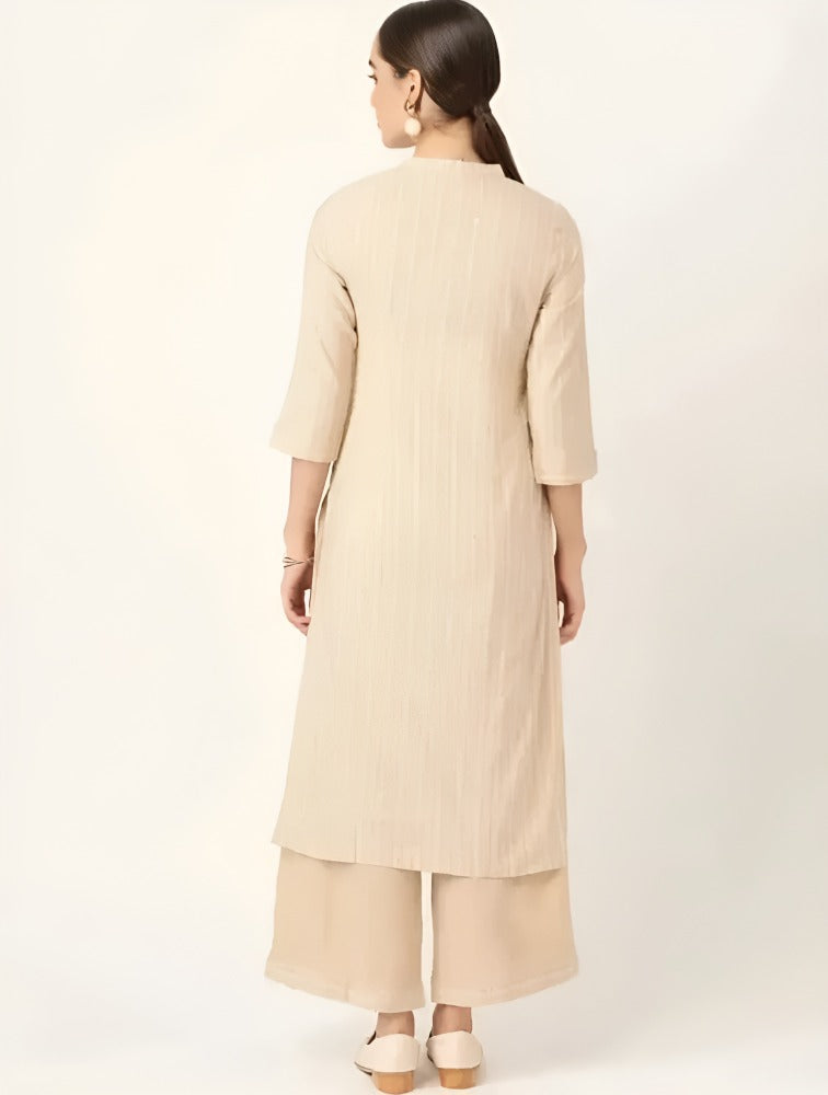 Women Beige Cotton Striped Kurta With Palazzos