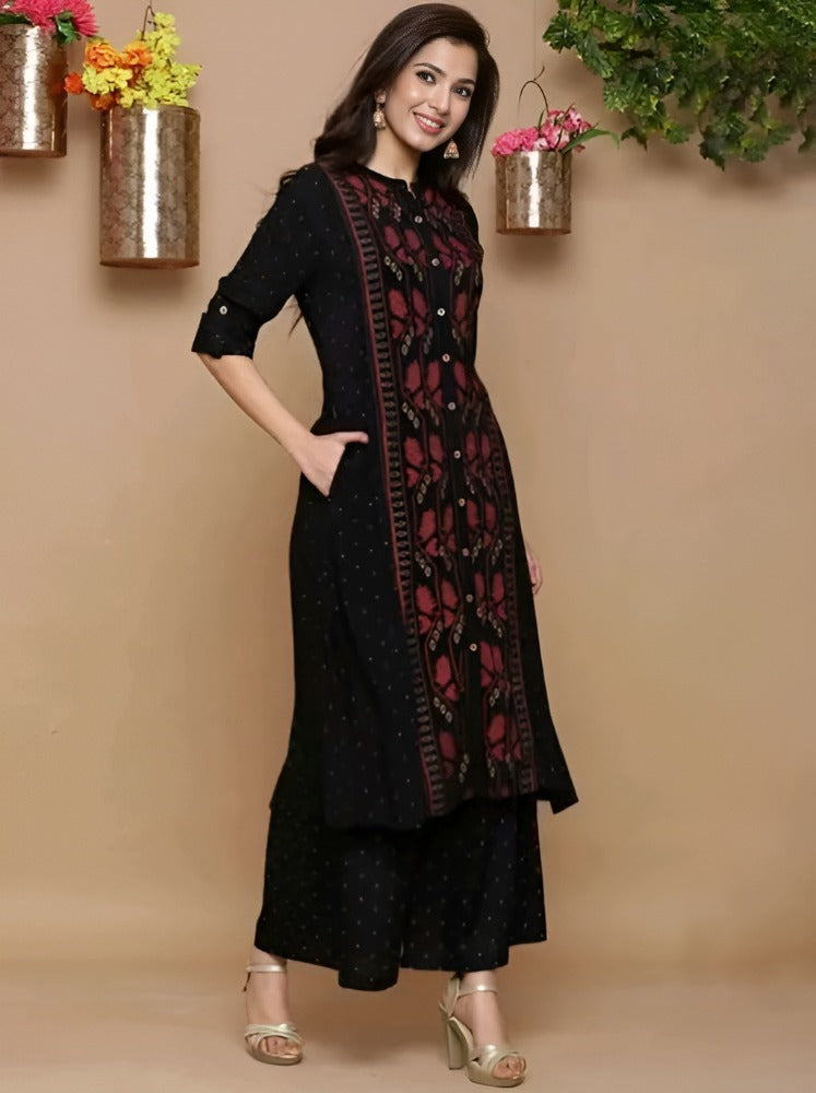 Printed A- Line Rayon Kurta And Palazzo Set