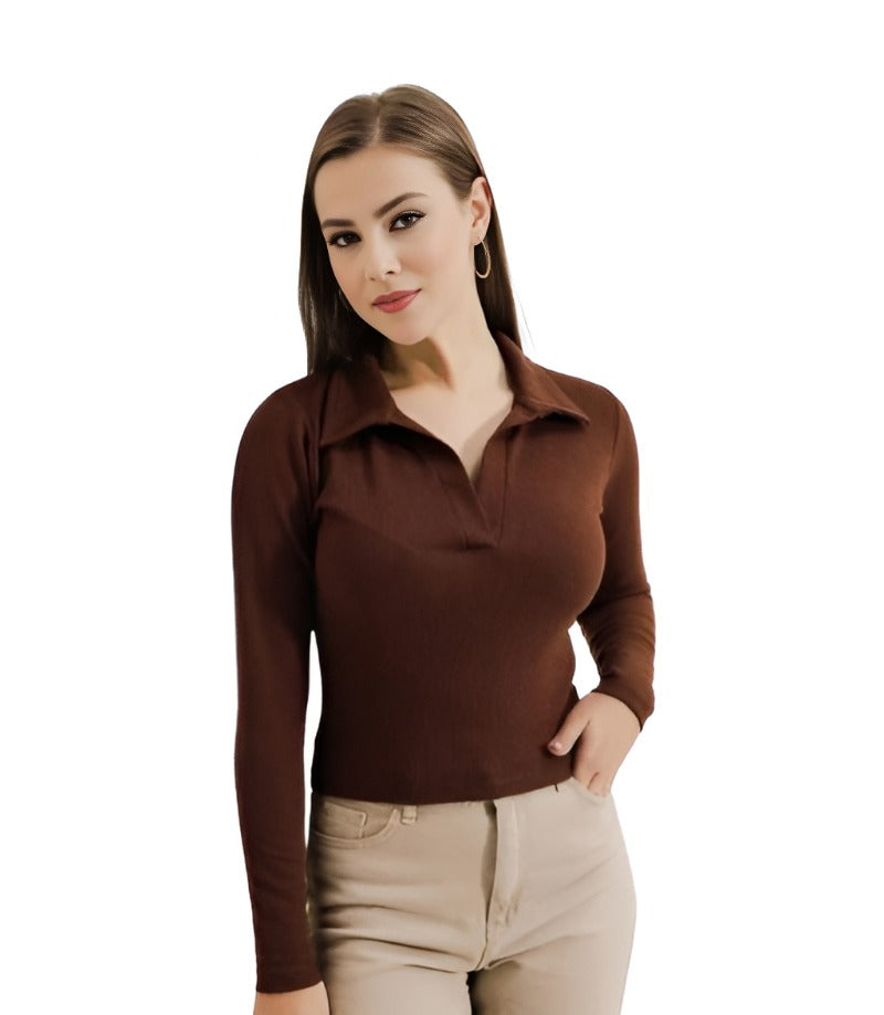 Casual Polyester Ribbed Collar V-Neck Long Sleeves Coffee Top for women
