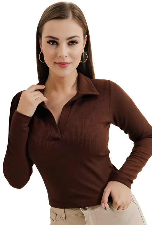 Casual Polyester Ribbed Collar V-Neck Long Sleeves Coffee Top for women