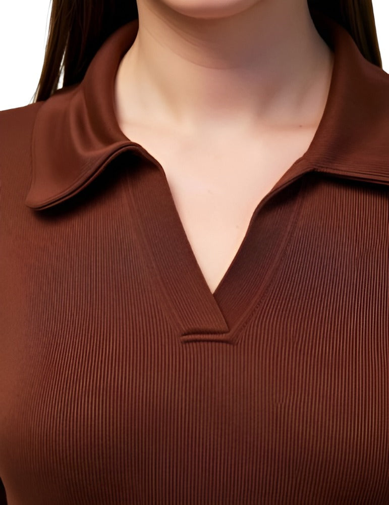 Casual Polyester Ribbed Collar V-Neck Long Sleeves Coffee Top for women