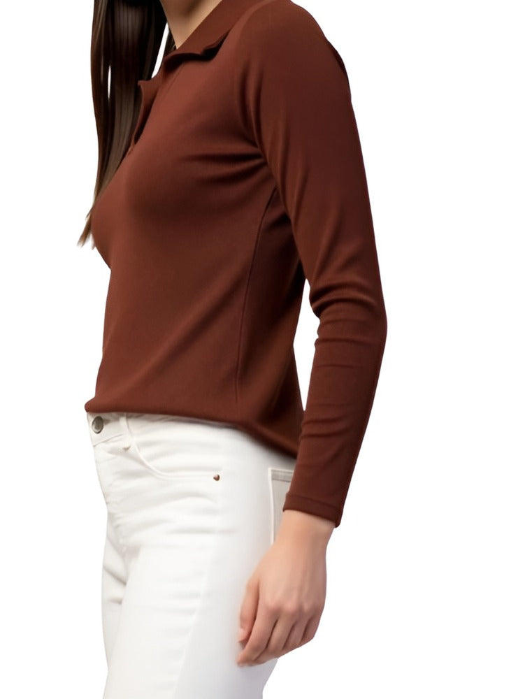 Casual Polyester Ribbed Collar V-Neck Long Sleeves Coffee Top for women