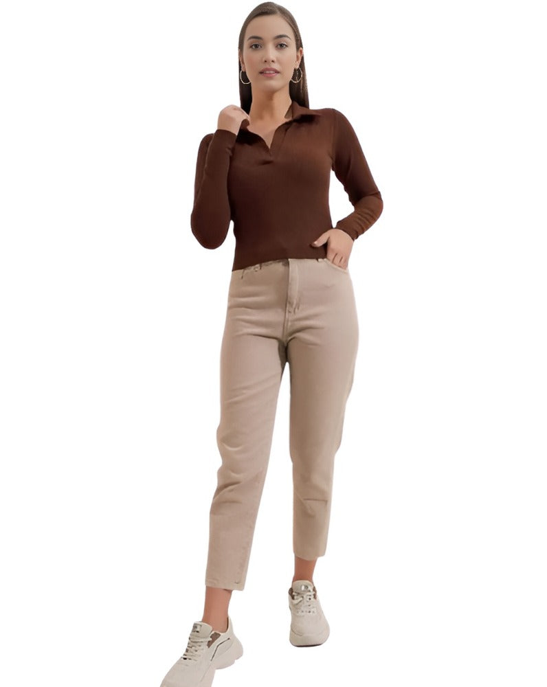 Casual Polyester Ribbed Collar V-Neck Long Sleeves Coffee Top for women