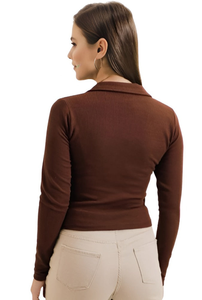 Casual Polyester Ribbed Collar V-Neck Long Sleeves Coffee Top for women