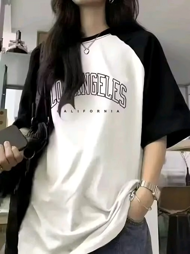 Graphic Printed Round Neck White Colour Raglan Sleeves Oversize T-Shirt for Women